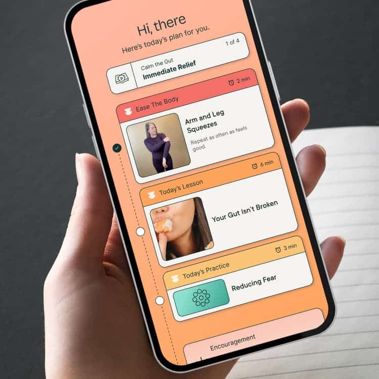 Smartphone screen showing a color‑coded daily plan for gut health with sections like Immediate Relief, Arm and Leg Squeezes, Today's Lesson Your Gut Isn't Broken, and Reducing Fear