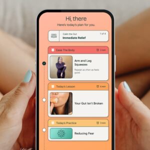 Wellness app on a peach phone screen showing today's plan with sections: Arm and Leg Squeezes, Your Gut Isn't Broken, Reducing Fear.