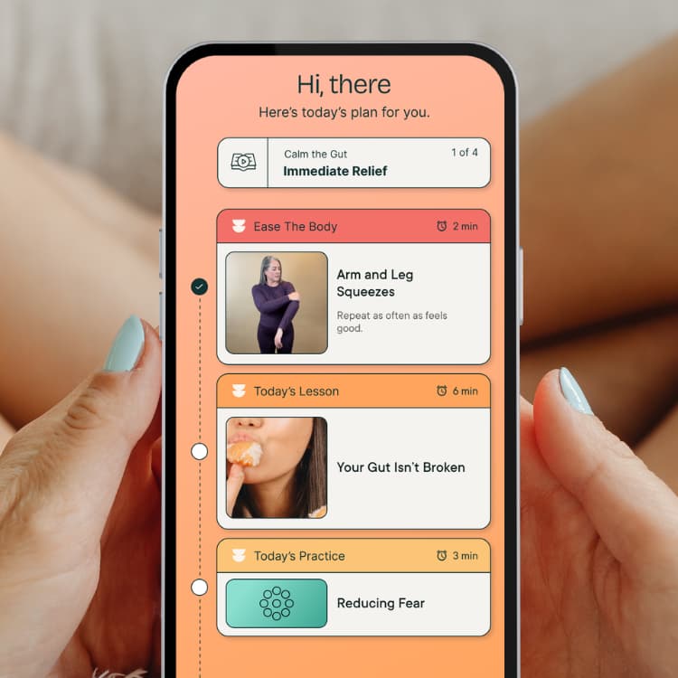 Wellness app on a peach phone screen showing today's plan with sections: Arm and Leg Squeezes, Your Gut Isn't Broken, Reducing Fear.
